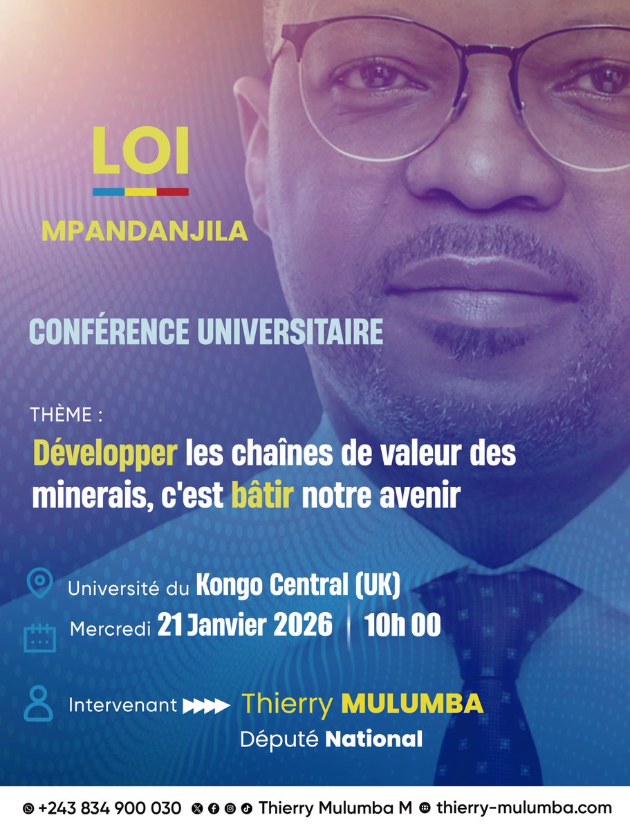 Ce mercredi 21 janvier 2026, nous allons présenter la Loi Mpandanjila à l'Université du Kongo Central ; tout en invitant les étudiants et professeurs à une réflexion sur la transformation locale et le développement des chaînes de valeur des minerais en RDC