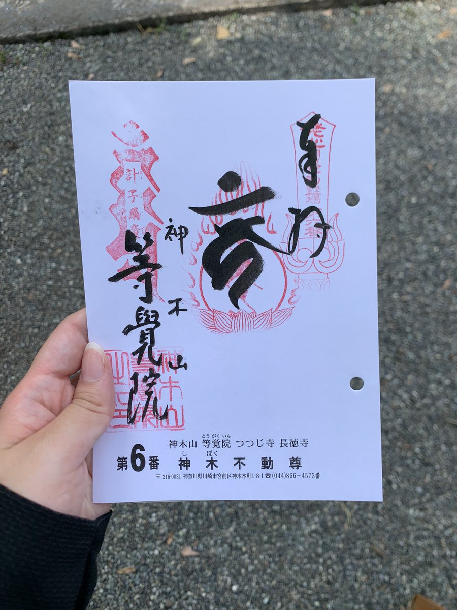 Octoberabbit's tweet image. 「関東三十六不動をめぐる 5.川崎編①」より。
等覚院。
この寺の縁起では日本武尊の東征の際、のどのかわきを癒す泉を鶴が舞い降りて知らせ、彼はそこに1本の木を植えた。その木が神木と崇められ、この地は神木(しぼく)とよばれるようになったらしい。
等覚院の御朱印は梵字の「カーン(不動明王)」。