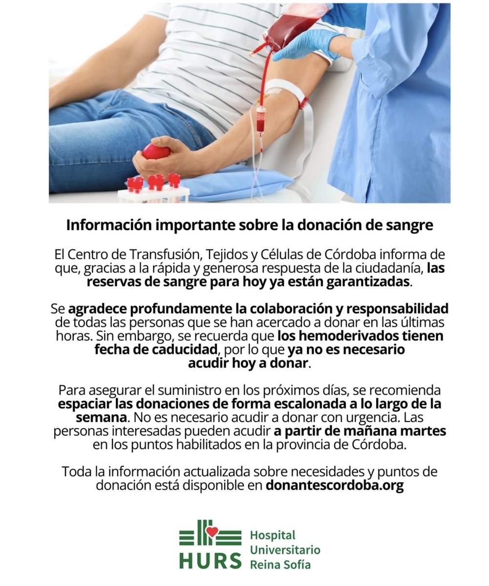 🩸🏥 La donación masiva de sangre ha hecho que las reservas estén garantizadas hoy para los hospitalizados por el accidente de tren de Adamuz.

Pero la sangre 'caduca', por lo que agradecerán enormemente que se siga donando en los próximos días para poder cubrir la demanda.