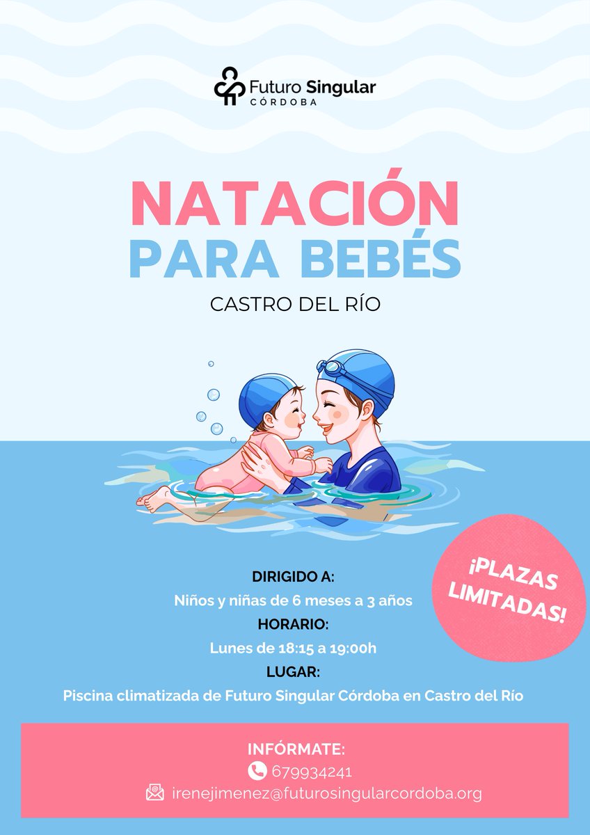 FuturoSingularC's tweet photo. 💧 CURSO | Natación para bebés 
📅 Horario: Lunes de 18:15 a 19:00
 📍 Lugar: Piscina climatizada del Centro #FuturoSingularCórdoba en Castro del Río
 ⚠️ Plazas limitadas
📞 Información e inscripciones:
679 934 241
 ✉️irenejimenez@futurosingularcordoba.org
#natacioparabebes https://t.co/OgTMRSdlks