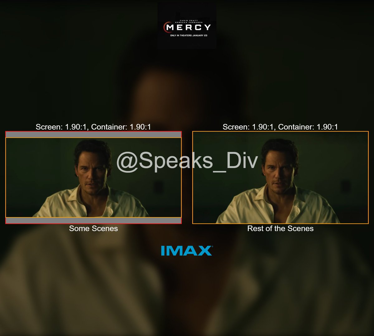 Speaks_Div's tweet photo. 1st #AspectRatioGuide of 2026 begins with #MercyMovie
Starring Rebecca Ferguson & @prattprattpratt
• #IMAX:
-Exclusive 1.90:1 Aspect ratio for ~60% of the Film's duration
- Rest of the scenes are in '2.2:1'
• Non-IMAX:
- Constant 2.2:1 Everywhere
- Runtime: 1H40M
#Mercy https://t.co/teoCDk54EQ