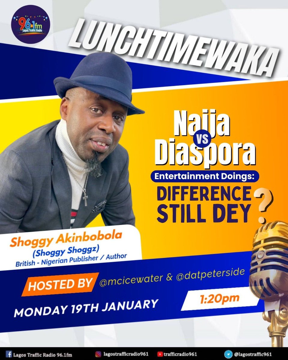 #Lunchtime with MC Icewater
📻 <a href="/trafficradio961/">Lagos Traffic Radio96.1FM</a> FM Lagos 🇳🇬
🎤 <a href="/mcicewater/">Mayor Micah Aruocha</a> &amp; <a href="/datpeterside/">datpeterside</a> 
👂🏽 trafficradio961.ng

🗓️ Monday 19 Jan 2026
⏰ 1320 🇳🇬 WAT (1230 🏴󠁧󠁢󠁥󠁮󠁧󠁿 GMT) 

#TrafficRadio #ShoggyShoggz #MCIcewater #DatPeterside