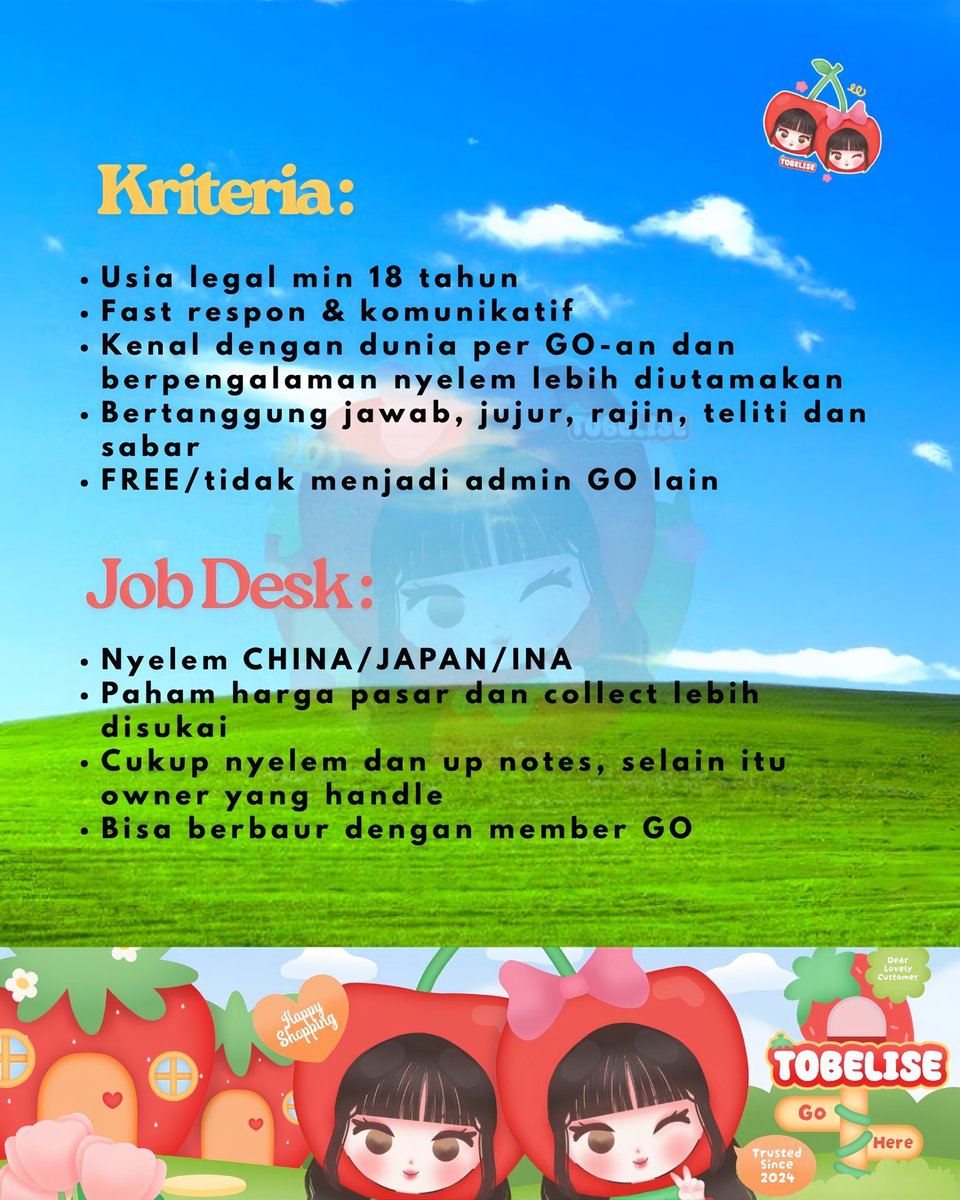tobelise's tweet photo. 🔔 BEEP BEEP ; HIRING ADMIN by @tobelise 

hiiii dollies! 
anyone’s interested ?
priorities: nyelem CH &amp; INA

kindly dm if u’re interested to join with us🍓 https://t.co/92Rm8tROtq