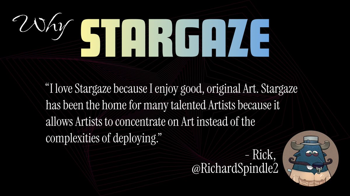 StargazeZone's tweet photo. Here for anyone who creates and enjoys art since 2022. We are glad that good people like @RichardSpindle2 are still here too, and we can't wait to grow and evolve with the help of our community.

Come find your people. ⭐ https://t.co/PmTqktkD8N