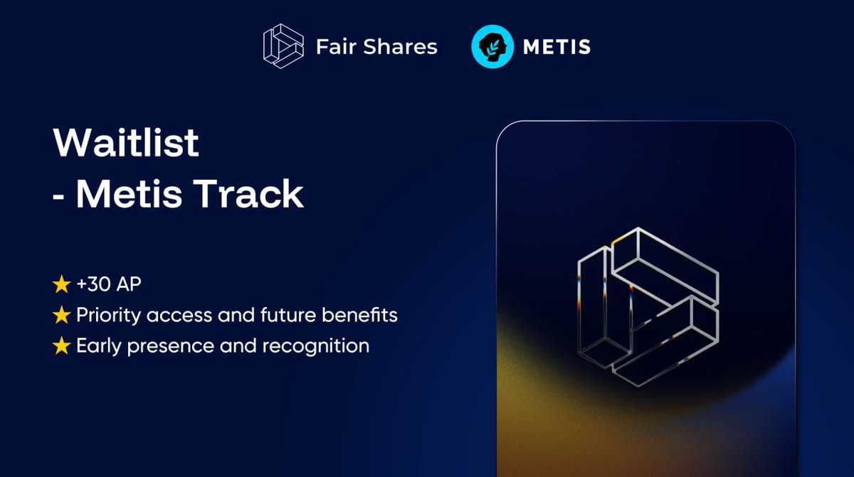 Fair Shares is delighted to announce our partnership with Metis <a href="/MetisL2/">Metis🌿</a>.

Together, we are launching a Metis-exclusive waitlist.
Follow the simple steps below to join:

1️⃣ Follow both <a href="/Fair_Shares/">Fair Shares</a> and <a href="/MetisL2/">Metis🌿</a>
2️⃣ Join the waitlist via the exclusive link 👉