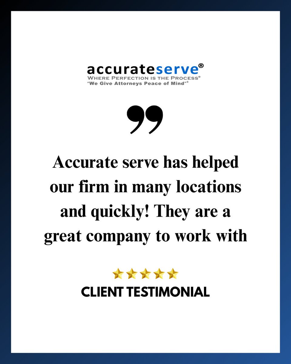 AccurateServe's tweet image. We genuinely appreciate your confidence in our service team and are honored to support your legal process needs with professionalism and care! ✨📘 #ProfessionalService #ThankYou #AccurateServe