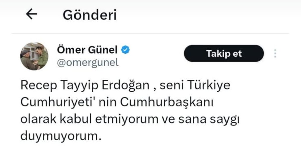 ikbldrs's tweet photo. 🗣️Anayasaya göre Başkomutan olan, milletin iradesiyle sandıkta defalarca onaylanan Recep Tayyip Erdoğan'ı "kabul etmiyorum, saygı duymuyorum" diye yok saymak, makama saygısızlıktır.
👉 Kuşadası Belediye Başkanı Ömer Günel'e makama saygıyı ögrenememiş.

📍Hadsiz Ömer https://t.co/mvph4OZyTh