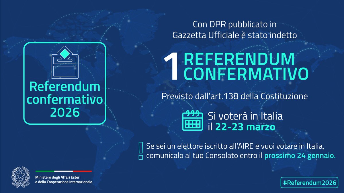 #Referendum2026
Il 22 e il 23 marzo si vota in Italia! Se sei iscritto all’AIRE, riceverai il plico a casa.
Vuoi votare in Italia? Comunicalo al tuo Consolato entro il 24 gennaio.
conscalcutta.esteri.it