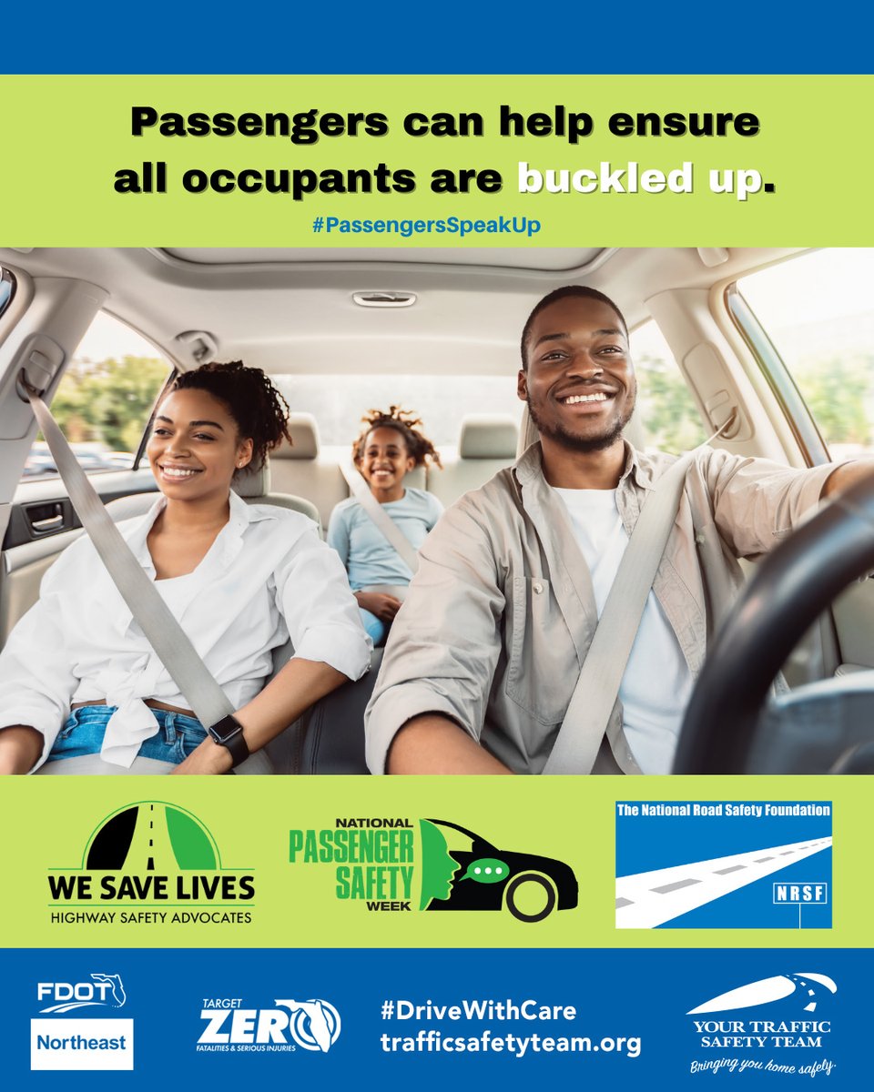 You don’t have to be behind the wheel to make a difference. Your voice could be the one that saves a life!

National Passenger Safety Week: 

#PassengerSafetyWeek #SpeakUp #WeSaveLives #TrafficSafetyFL #TargetZeroFL
