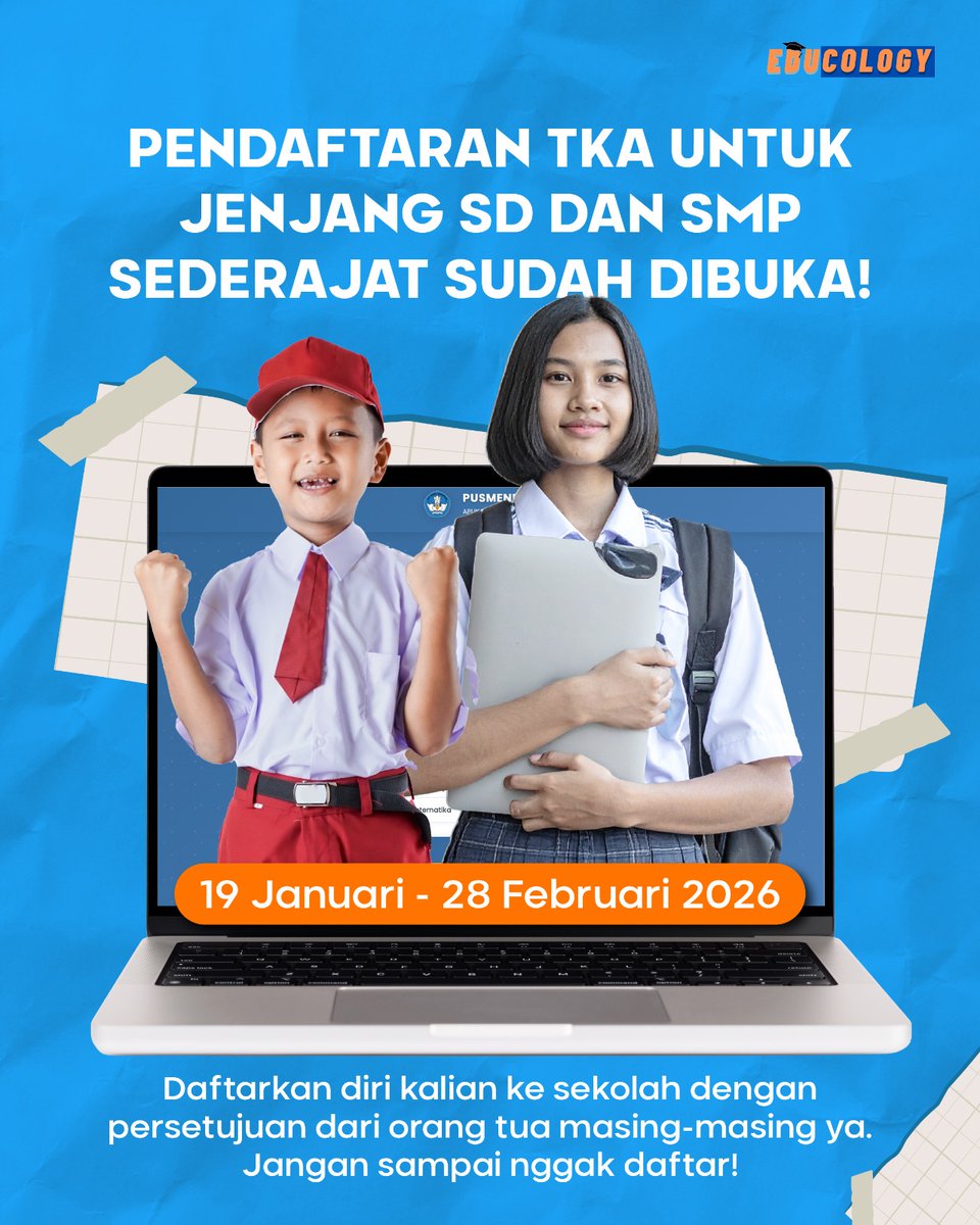 educology_id's tweet image. Teruntuk kelas 6 dan 9 🗣️

Pendaftaran TKA untuk jenjang SD dan SMP sudah dibuka mulai hari ini, Senin, 19 Januari hingga 28 Februari 2026 📌

Segera daftarkan dirimu ya!✨

#TKA #AyoIkutTKA #SD #SMP