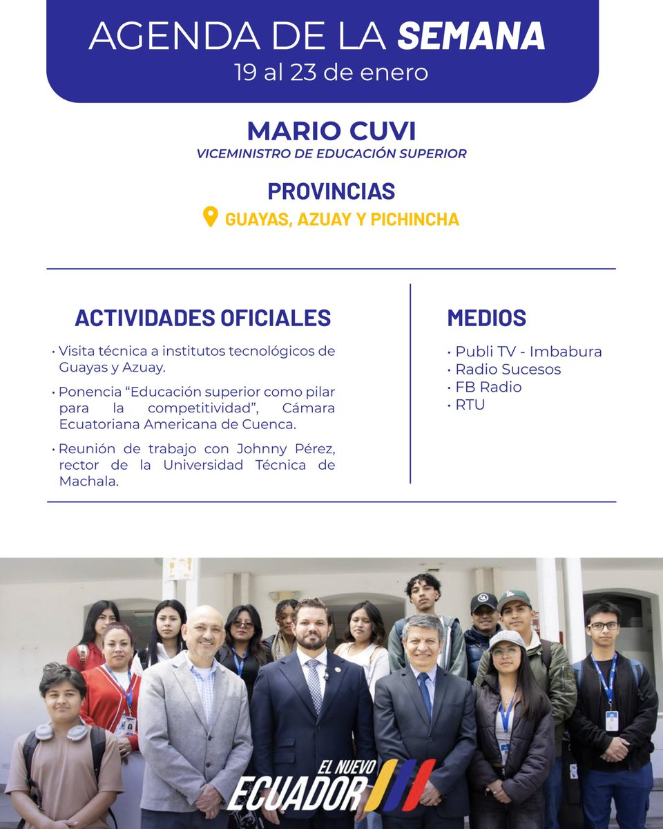 🤝 Desde territorio, el viceministro de Educación Superior, <a href="/mariocuvi/">Mario Cuvi</a>, cumplirá esta semana una agenda de trabajo enfocada en el fortalecimiento del sistema de educación superior, en el marco de las acciones impulsadas por el Gobierno del presidente <a href="/DanielNoboaOk/">Daniel Noboa Azin</a>. 📚🇪🇨