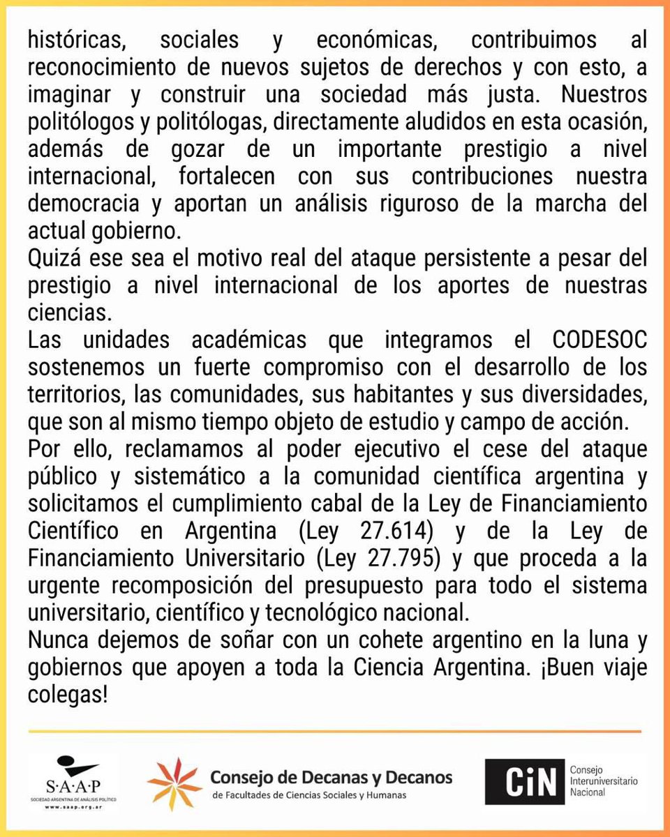 La ciencia se construye con colaboración, no con estigmatización. Exigimos el cumplimiento de las leyes de financiamiento científico y universitario. <a href="/CINoficial/">CIN</a>