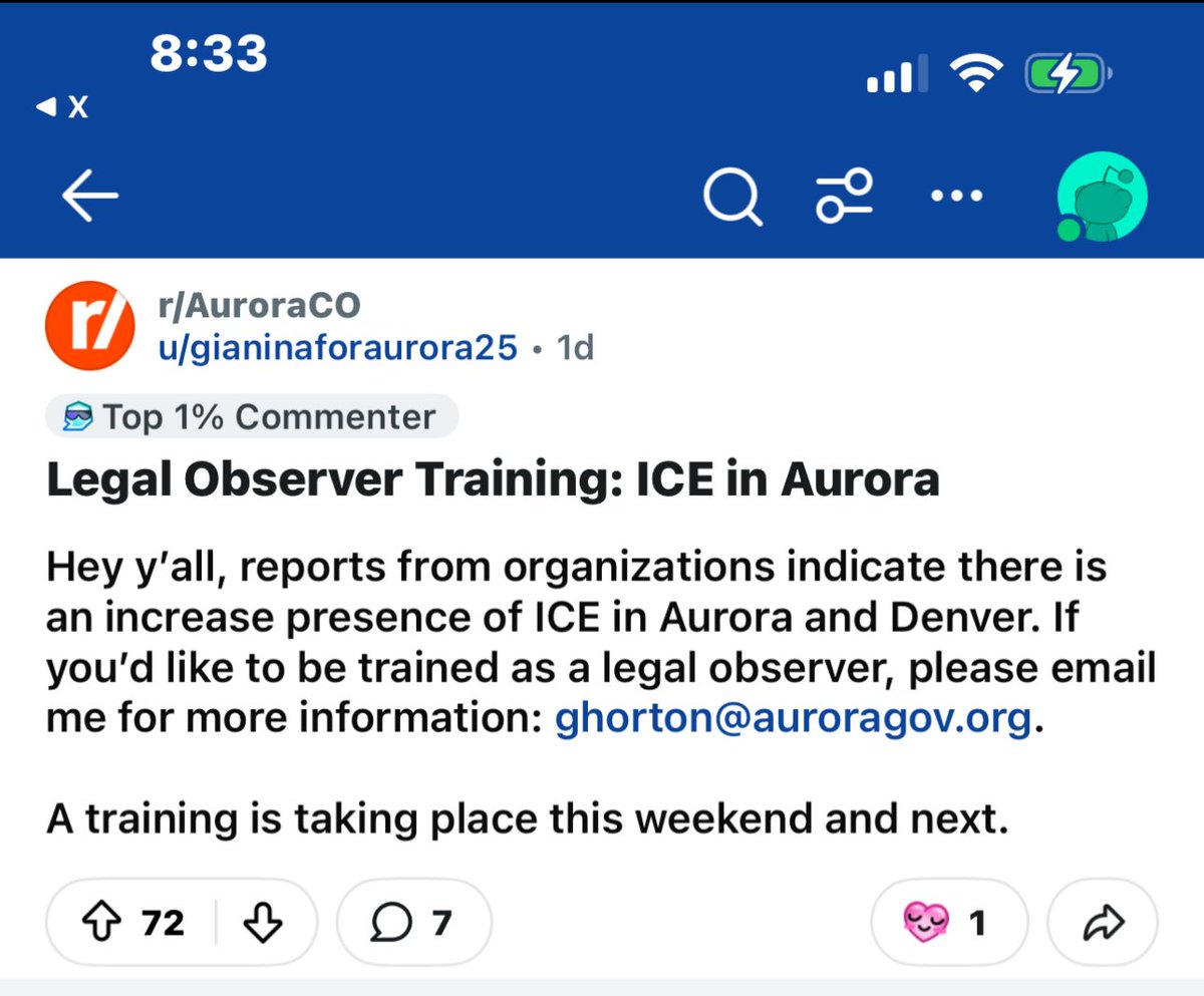 DaniJurinsky's tweet image. Newly elected Councilwoman Gianina Horton, for Ward 1, is hosting and promoting a training to become a "legal observer". Essentially to resist ICE. The priorities for Aurora are being laid out. She is using her government issued email address to have people sign up.