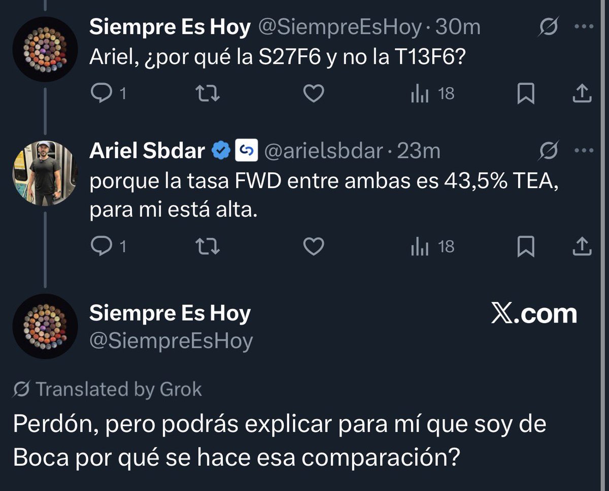 arielsbdar's tweet image. Me parece buenísima la pregunta de @SiempreEsHoy, así que voy a explicar por qué, a veces, conviene comprar una LECAP más larga y con tasa más baja en lugar de una más corta y con tasa más alta (PARA LOS DE BOCA).

La duda es lógica: ¿por qué prefiero la letra del 27/2 al 45% TEA…