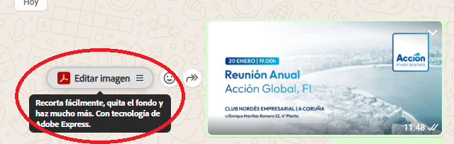 AccionEAFI's tweet photo. Adobe Express cada vez más integrado con Whatsapp Web. 

Directamente en el chat, en cualquier imagen de la conversación. 

Interesante... 🧐 $ADBE $META https://t.co/nTB0hMOfMl