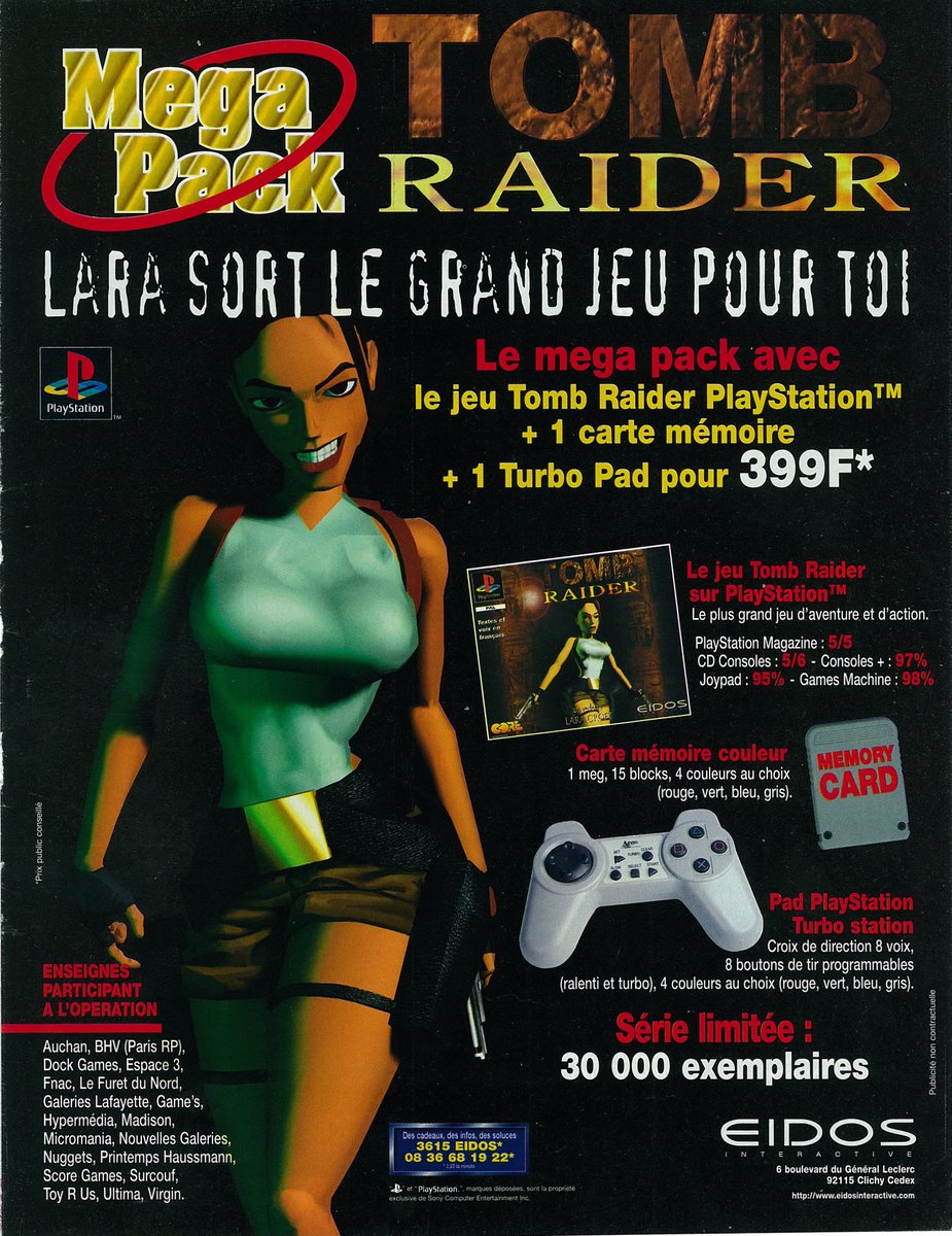 AllmightoFranky's tweet image. La publicité papier JV du jour,bonjour!Pubs vues dans les pages d'un #ConsolesPlus de 1997!Pubs pour #TombRaider le mega pack avec le jeu la memory card et le turbo pad,puis pour #PerfectWeapon,#Spider et "La cité des enfants perdus"!! #retro #retrogaming #80s #90s