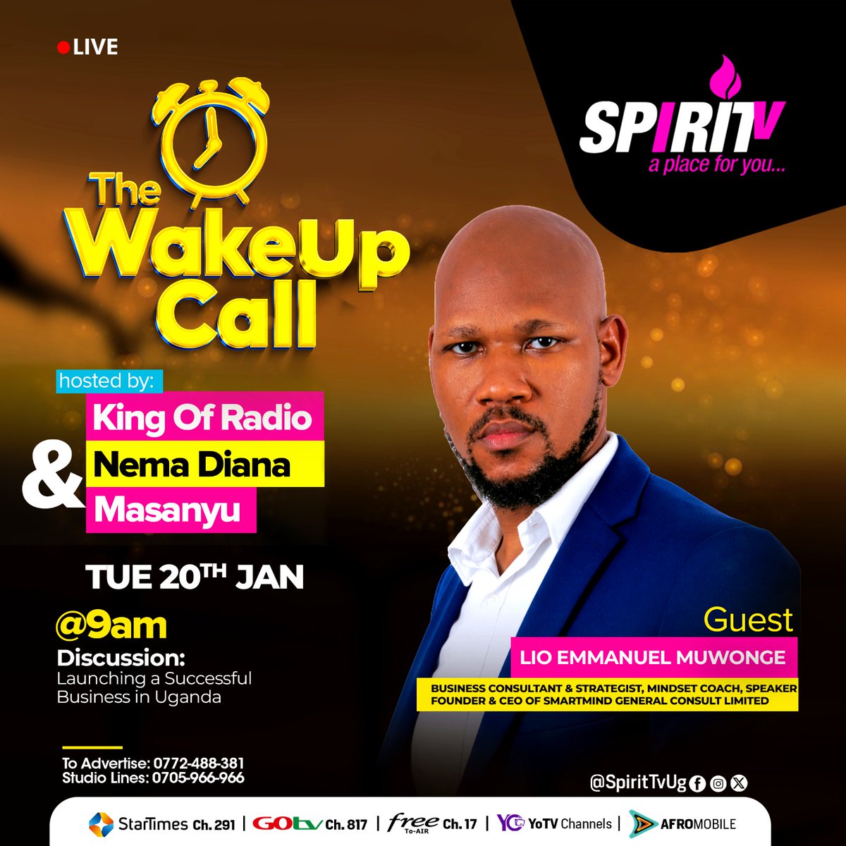 LioEmmaMuwonge's tweet photo. Hey fam,

I am excited to announce that I will be live on Spirit TV &amp; 96.6 Spirit FM tomorrow morning at exactly 9:00am!.

Tune in as I share game-changing insights on "Launching a Successful Business in Uganda". 
Catch you live! 👊.

#Smartmind #BusinessGrowth #Entrepreneurship https://t.co/tI2Azy6teh