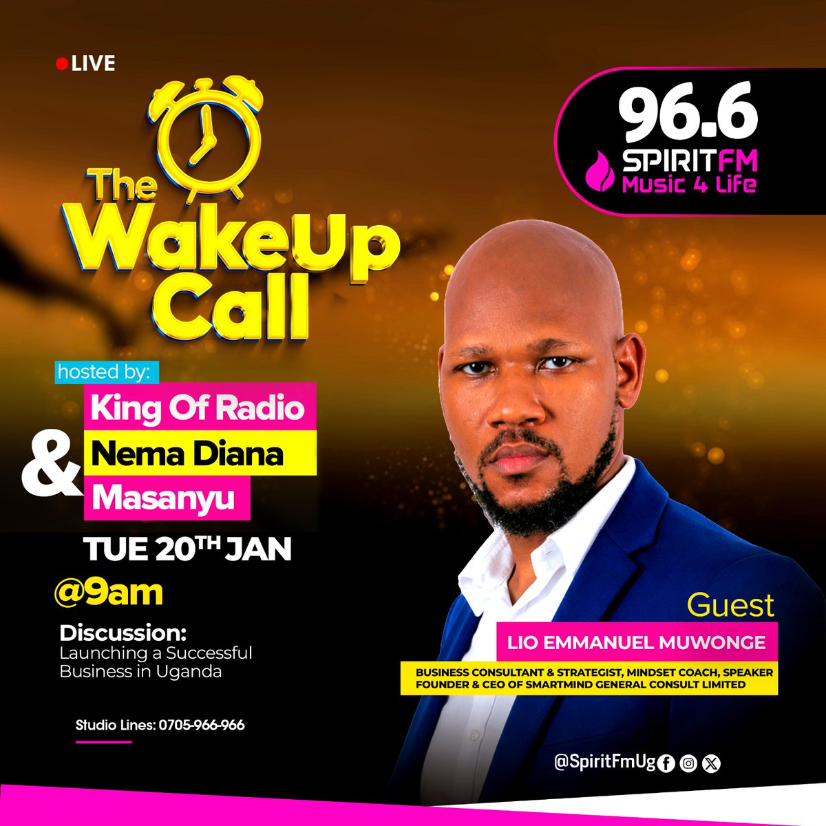 Hey fam,

I am excited to announce that I will be live on Spirit TV &amp; 96.6 Spirit FM tomorrow morning at exactly 9:00am!.

Tune in as I share game-changing insights on "Launching a Successful Business in Uganda". 
Catch you live! 👊.

#Smartmind #BusinessGrowth #Entrepreneurship