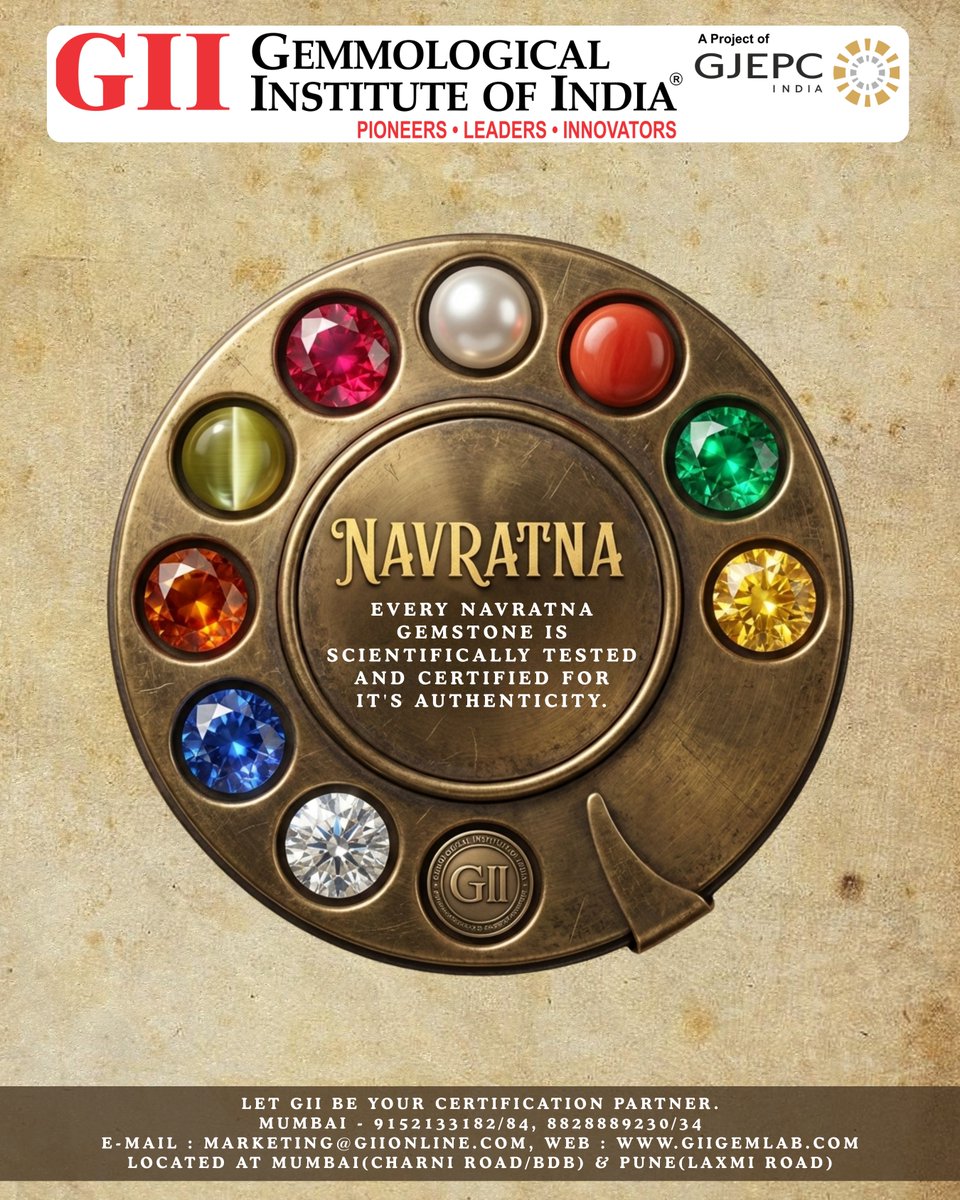 GIIGEMLAB's tweet photo. Authenticity isn’t just a luxury; it’s a necessity. 💎✨
The power of the Navratna lies in the purity of the gemstones. At the Gemmological Institute of India GII, we bridge the gap between tradition and technology. Every Navratna gemstone is scientifically tested and certified https://t.co/QcRES6WCRs