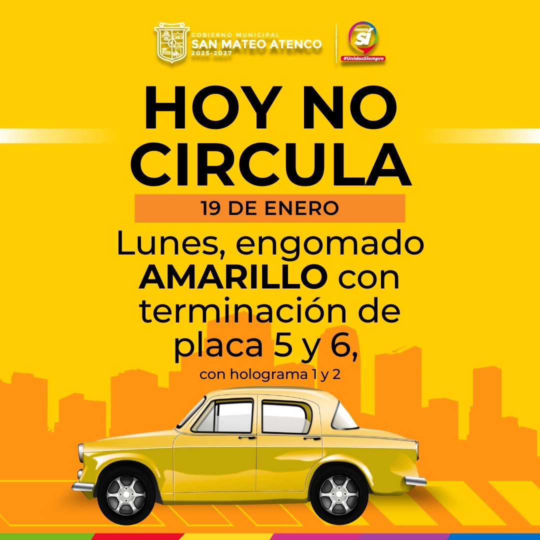 SanMateoAGob's tweet photo. 🟡 El programa #𝐇𝐨𝐲𝐍𝐨𝐂𝐢𝐫𝐜𝐮𝐥𝐚 aplica para Vehículos con #EngomadoAmarillo 🟨, terminación de placas 5 y 6, con holograma 1 y 2.
⏰️ de 5:00 a 22:00 h.

Evita multas. 🛻🚙🚫 https://t.co/VfQ3CZkfpj