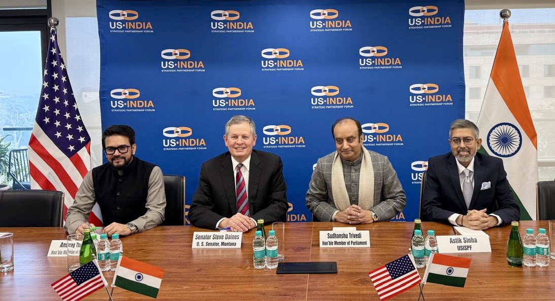 ianuragthakur's tweet image. Accompanied by our senior party colleague and Rajya Sabha MP Shri Sudhanshu Trivedi ji, we had a very fruitful meeting with U.S. Senator Mr. Steve Daines on the Indo–U.S. relationship. We exchanged views on key issues and discussed ways to reposition and recalibrate our