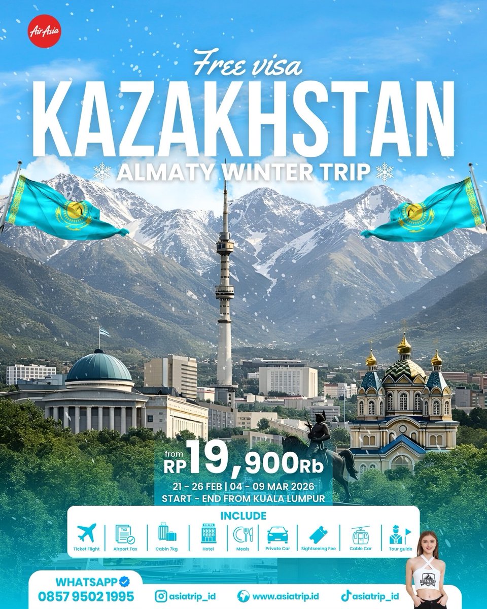 asiatrip_id's tweet photo. 🇰🇿 Winter Trip #Almaty, #Kazakhstan 

#FreeVisa

📅 21 - 26 FEB | 04 - 09 MAR 2026

💲 #Rp 19.900.000 /Pax

🌍 #ITINERARY https://t.co/W5ERR0sxDR

📲 #Reservasi @asiatrip_id
WhatsApp: 085795021995 https://t.co/ZIW2ouhGps