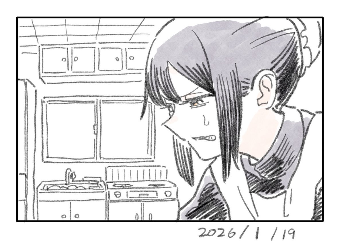 描くもの思いつかねえって苦悶の表情を描いたあとに、ただ落書きしたくなったキッチンをつけたら、すごく料理したくないメイドみたいになった絵 