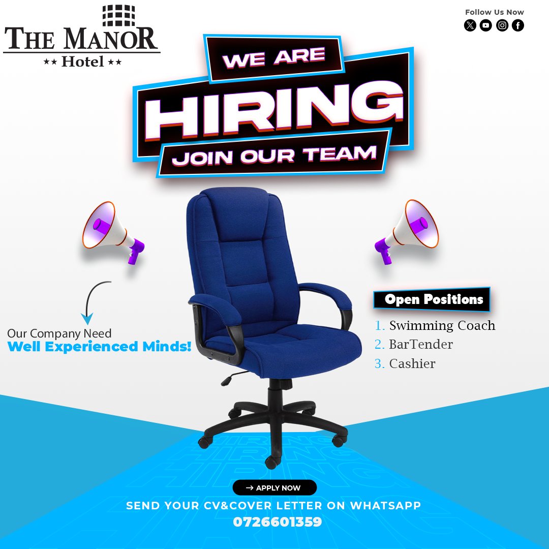 We’re hiring at The Manor Hotel! ✨
We are looking for well-experienced professionals to join our growing team.

Open positions:
• Swimming Coach
• Bartender
• Cashier

📩 Send your CV &amp; cover letter via WhatsApp: 0726601359
👉 Apply now and become part of The Manor Hotel.