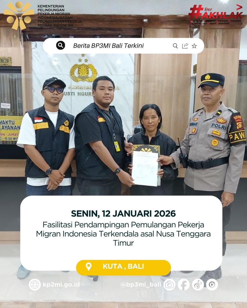 bp3mi_bali's tweet photo. Hai #Semetonmigran
Pada 12 Januari 2026, telah dilaksanakan fasilitasi pendampingan pemulangan PMI terkendala yang menggunakan maskapai AirAsia AK376 rute Kuala Lumpur – Denpasar (keberangkatan 11 Januari 2026).

#Kemenp2mi
#Bp3mi_bali
#Pekerjamigranindonesia https://t.co/yJtHoSARPe