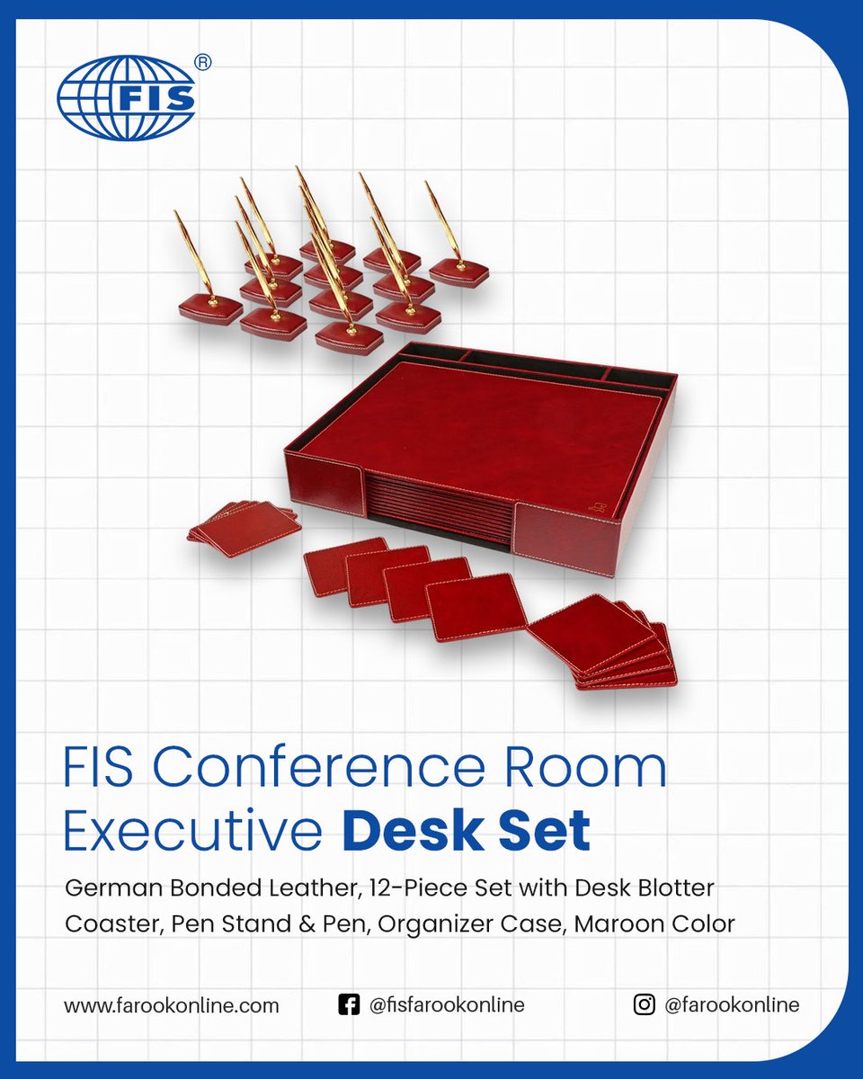 Upgrade Your Workspace
Elevate your office with the #FISConferenceRoomExecutiveDeskSet – a 12-piece premium set in maroon German bonded leather.

To buy FIS Conference room executive desk set: farookonline.com/cat.../confere…
To buy product: shorturl.at/274Ck

#OfficeStationery #FIS