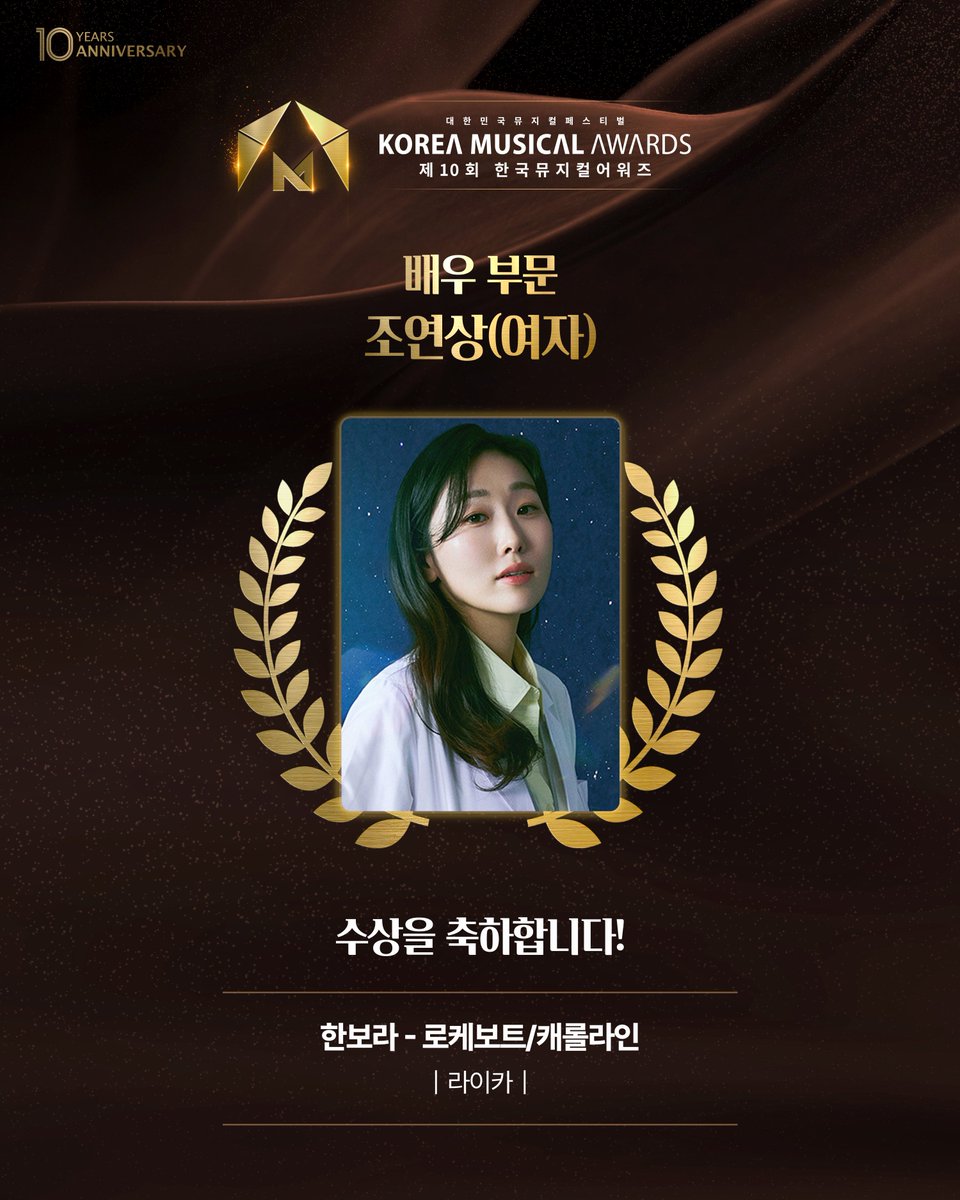 대한민국뮤지컬페스티벌
𝐊𝐎𝐑𝐄𝐀 𝐌𝐔𝐒𝐈𝐂𝐀𝐋 𝐀𝐖𝐀𝐑𝐃𝐒
🏆제10회 한국뮤지컬어워즈🏆

배우 부문 │ 조연상(여자)

<라이카>
한보라 - 로케보트/캐롤라인

수상을 진심으로 축하합니다!