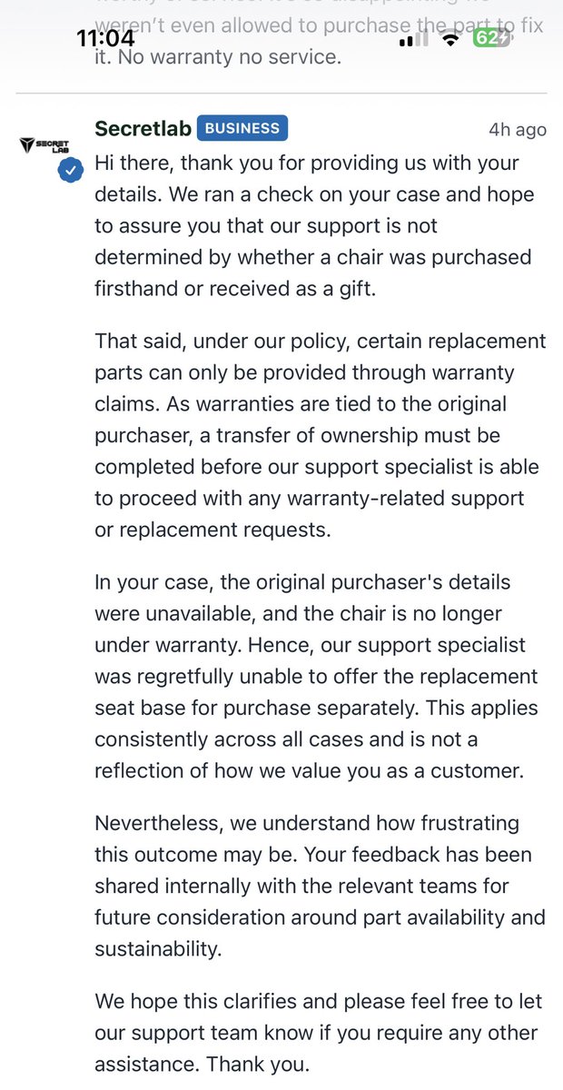 Missyxx211's tweet photo. Beware of @secretlabchairs … they’ll find any excuse to not help you fix their chair if it breaks. We even wanted to pay for the part. But alas you have to buy a whole new one of course. Rest assured it won’t be a shitlab. #secretlab #landfill #rubbish https://t.co/yblbcI5jEC
