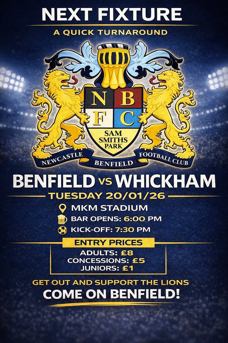 NBFC_Official's tweet photo. A quick turnaround and we need you behind us 💛🦁
Benfield vs Whickham at MKM Stadium tomorrow night.
Bar open from 6pm, kick-off 7:30pm.
Football is nothing without the community — get down, bring a mate, and support the Lions.
Come on Benfield. https://t.co/l2l3X8TBJR