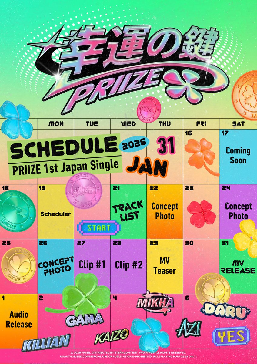 ㅤ

𝟭𝗦𝗧 𝗝𝗔𝗣𝗔𝗡 𝗦𝗜𝗡𝗚𝗟𝗘: 幸運の鍵
. . . 
ここから始まる。

𝗧𝗜𝗠𝗘𝗧𝗔𝗕𝗟𝗘 📅✨

#PRIIZE #LUCKY 
ㅤ
ㅤ