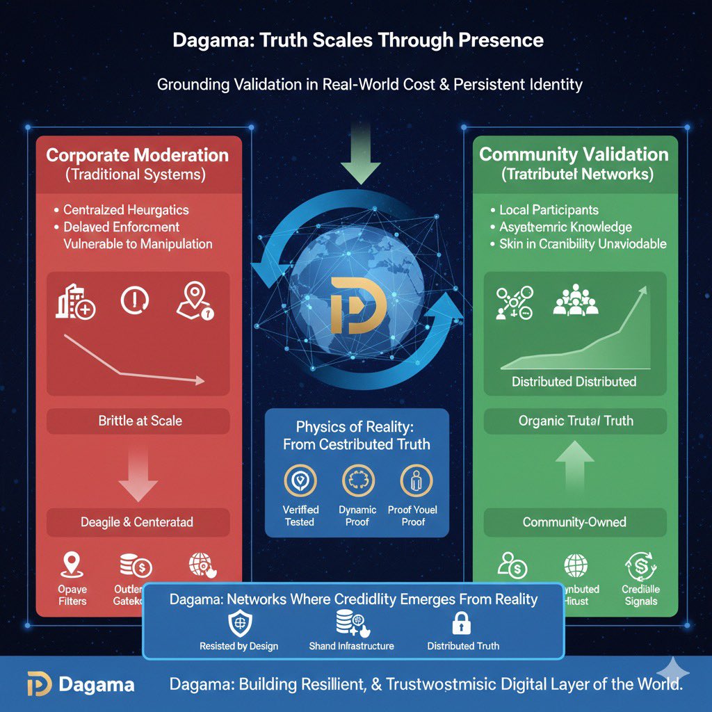 AliAzad80707's tweet photo. Dagama: Truth Scales Through Presence

Corporate moderation is built to enforce rules, not to surface truth. It runs on centralized heuristics, delayed enforcement, and abstract signals that cannot reliably separate genuine contribution from coordinated manipulation. At scale, the system becomes brittle. Bad actors learn the rules faster than moderators can adapt, while honest contributors are throttled or erased without context.

Dagama flips the model by grounding validation in real world cost and persistent identity. Local participants carry asymmetric knowledge, repeated exposure, and skin in the game. Deception becomes expensive, accountability unavoidable. Credibility is not episodic or reactive. It is contextual, continuous, and economically enforced.

By tying discovery to contributor reputation and verified presence, Dagama allows communities to surface truth organically. No opaque filters, no corporate gatekeepers. Only networks where credibility emerges from reality itself.

@dagama_world 
@Galaxylabss