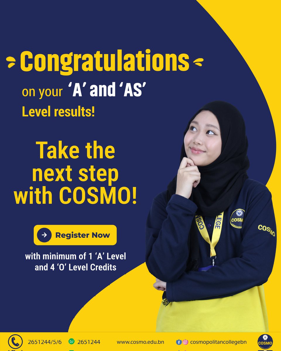 cosmopolitancbn's tweet image. Congratulations on your A and AS Level results! 🎉📚 Now it’s time to take the next step with COSMO 💙💛

#ALevelResults #Congratulations #NextStep #RegisterNow #MarchIntake #FutureReady