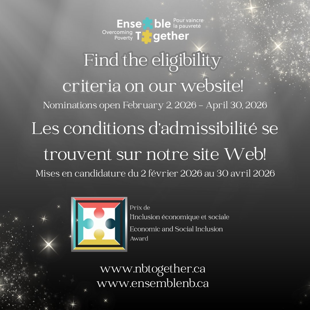 It’s almost time to submit nominations for the Economic and Social Inclusion Award! In the meantime, check out the eligibility criteria on nbtogether.ca 💫