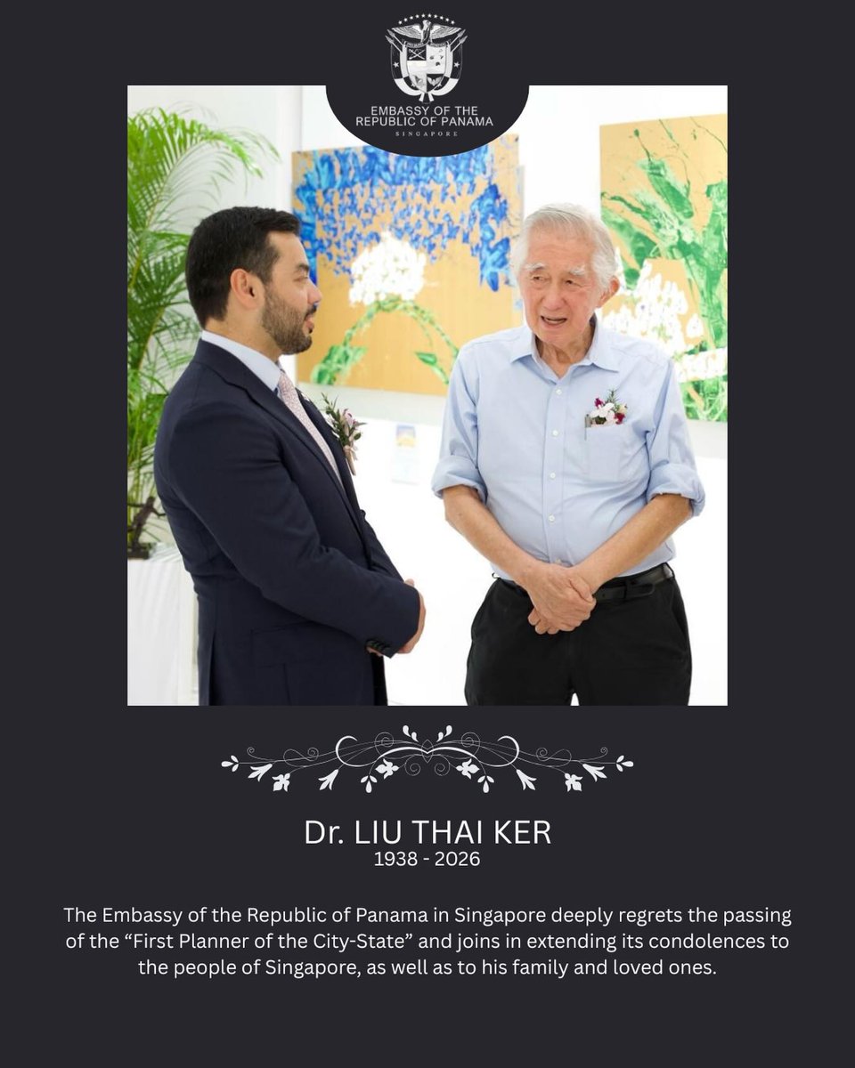 The Embassy of Panama expresses its sincere condolences on the passing of Dr. Liu Thai Ker, recognized as First Planner of Singapore. Dr. Liu repeatedly expressed to Ambassador Breton his interest in collaborating on the development of an urban planning project for Panama.