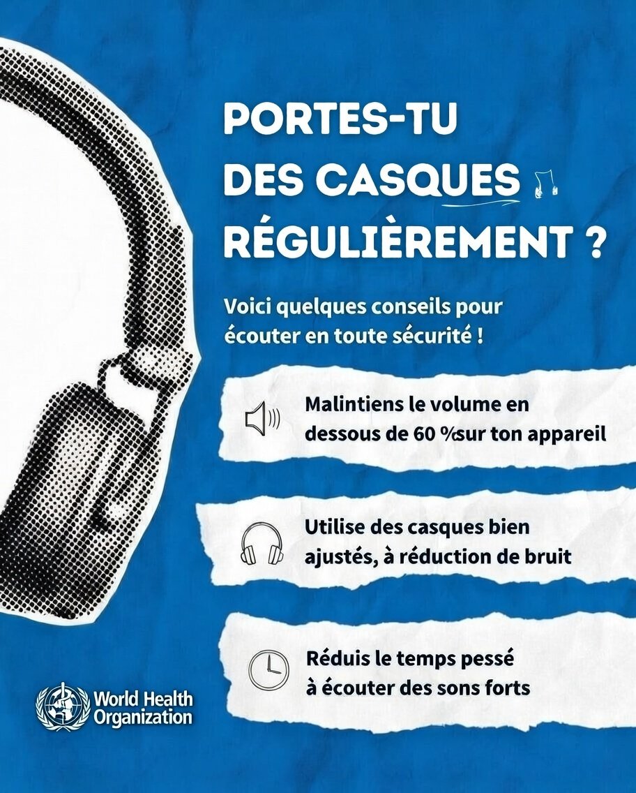 OMSRDCONGO's tweet image. #LeSaviezVous ? Plus d’1 milliard de jeunes risquent une perte auditive permanente à cause d’une exposition prolongée aux sons forts pendant leurs loisirs (musique, jeux vidéo). 🎧 Si vous écoutez souvent de la musique &amp;amp; jouez avec un casque, adoptez les réflexes de l'#ÉcouteSûre