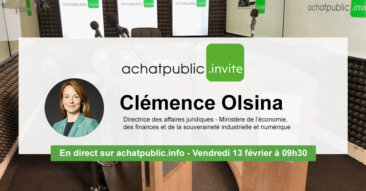 achatpublicinfo's tweet photo. 📺 achatpublic invite…Clémence Olsina, Directrice de des affaires juridiques de Bercy (#DAJ). #CommandePublique #AchatsPublics #MarchésPublics
📅 Vendredi 13 février à 9h30, en direct sur achatpublicinfo... https://t.co/DuOc0jOvpc https://t.co/v4tFxLIC9i
