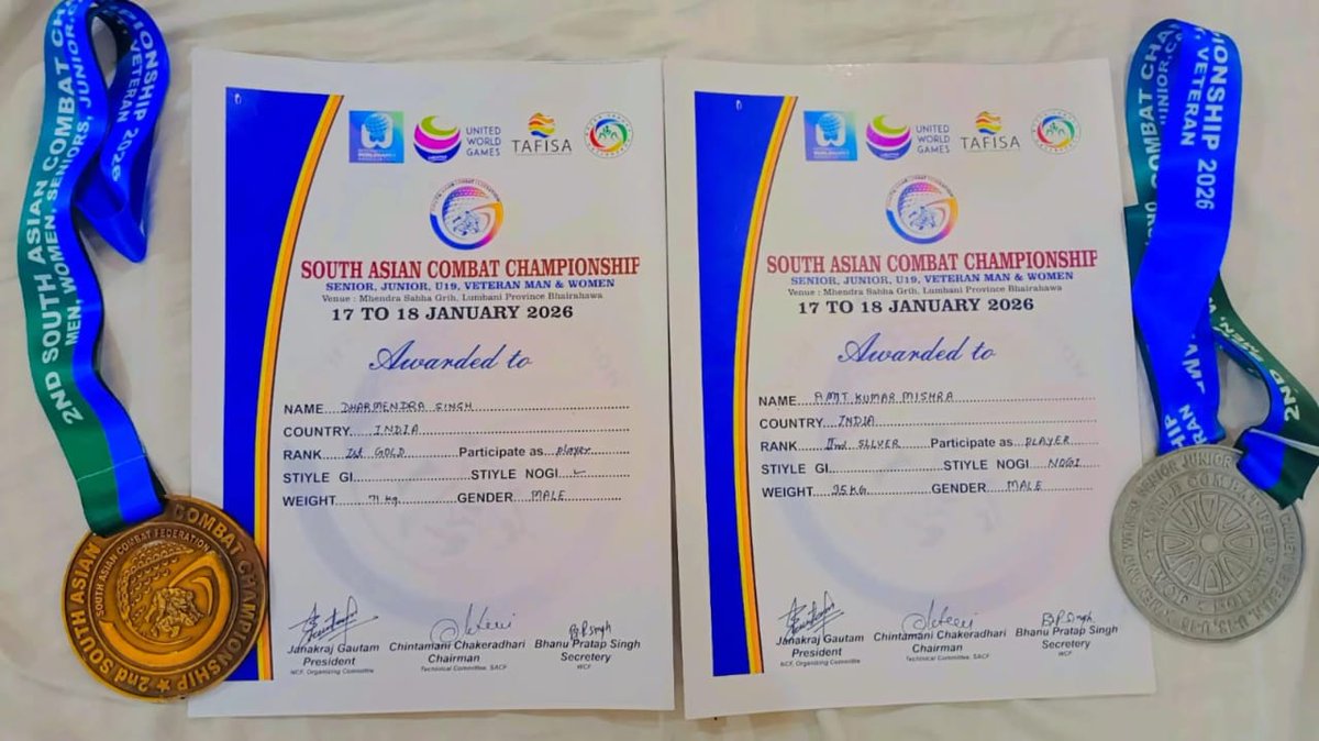 South Asian Combat Championship 2026: Nepal

GOC Fire and Fury Corps and All Ranks congratulate Sepoy Dharmendra and Sepoy Amit Mishra for their stellar performance at the South Asian Combat Championship in Kathmandu, Nepal by Winning Gold (72 Kg) &amp; Silver medals (92 Kg).

With
