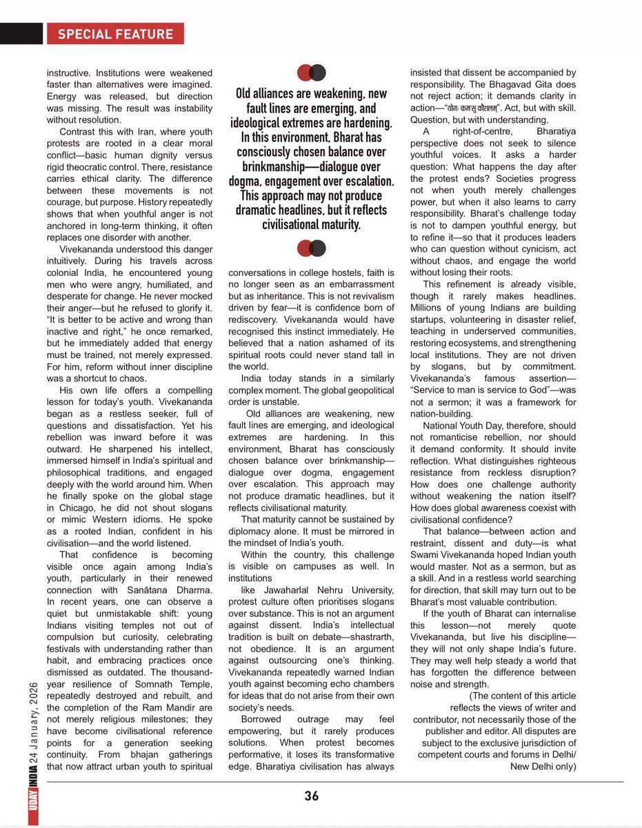 Awakening without responsibility leads to chaos.
Vivekananda reminds us that character must come before change.
Not louder voices, but stronger character.
A reflection on youth, nation, and responsibility.

Published in Uday India <a href="/Udayindiaonline/">Uday India</a>