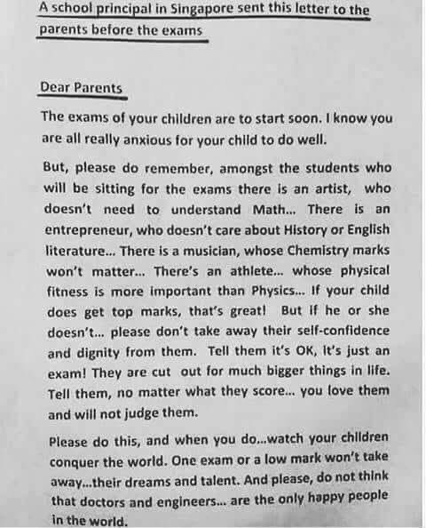 Doctor_q8's tweet image. مدير مدرسة في سنغافورة بعث رسالة لأولياء امور الطلبة قبل الامتحانات قال فيها التالي:
أعزائي أولياء الأمور
إنَّ امتحانات أبنائكم على وشك البدء، أعلم أنكم جداً قلقين بخصوص أداء أبنائكم.
لكن تذكروا من فضلكم أنه من بين هؤلاء التلاميذ الذين سيجتازون هذه الامتحانات هناك فنان، ليس من…