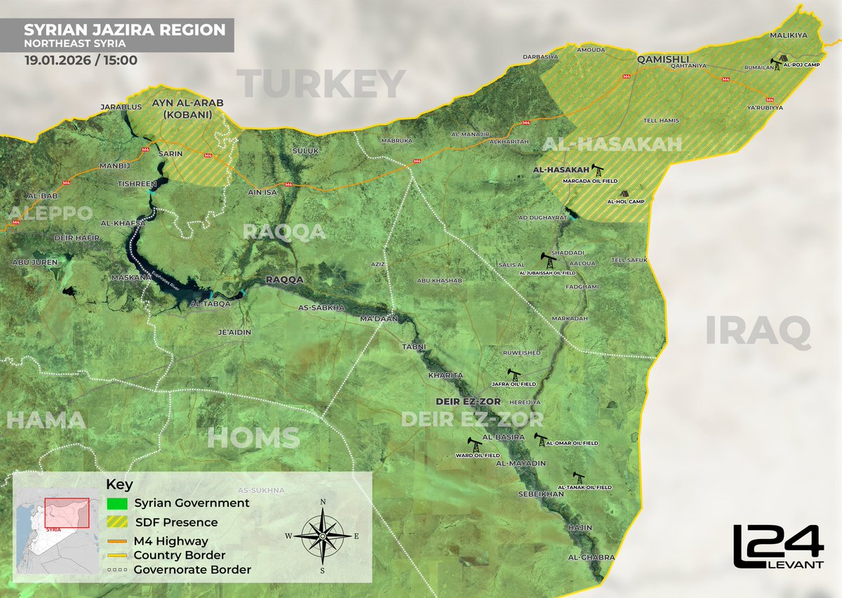 Levant_24_'s tweet image. 𝗖𝗼𝗻𝗳𝗹𝗶𝗰𝘁 𝗠𝗮𝗽 𝗼𝗳 𝘁𝗵𝗲 𝗝𝗮𝘇𝗶𝗿𝗮 𝗥𝗲𝗴𝗶𝗼𝗻

Following a local uprising that forced the SDF to withdraw from key northeastern areas, including major oil and gas fields, Damascus reached integration agreements and a ceasefire, paving the way for full government…