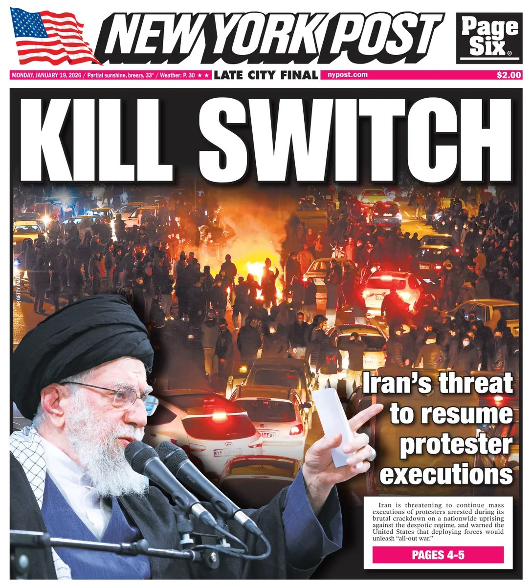 Today's cover: Iran, led by Ayatollah Ali Khamenei, has threatened “all-out-war” if the US intervenes. trib.al/CFsP3sq