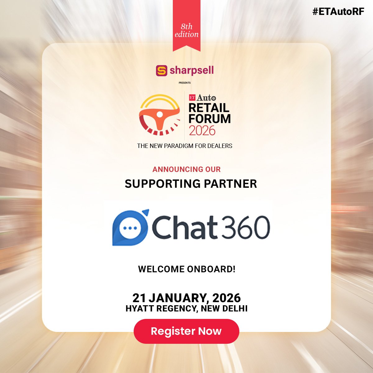 ETAuto's tweet image. Chat360 joins ETAuto Retail Forum 2026 as the Supporting Partner, bringing conversational AI and automation to the forefront of automotive retail engagement.

Date: 21 January 2026
Venue: Hyatt Regency, New Delhi

Register Now: auto.economictimes.indiatimes.com/auto-retail-fo…

#ETAutoRF #AutoRetail
