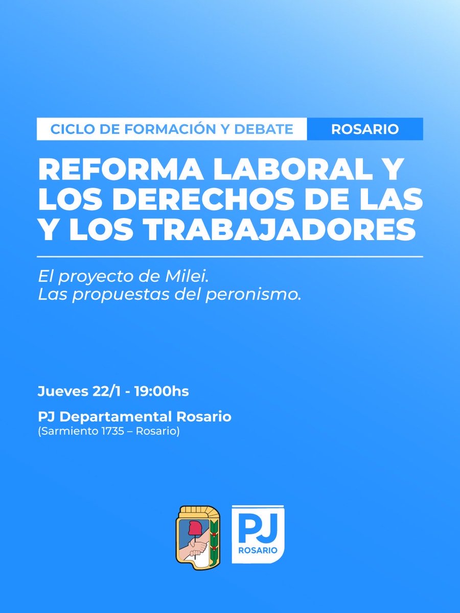 PJRosarioOk's tweet photo. EL PARTIDO JUSTICIALISTA DE ROSARIO DEBATE LA REFORMA LABORAL QUE PRETENDE EL GOBIERNO NACIONAL

Invitemos a compañeros y amigos a involucrarse en un momento crucial para nuestra Argentina.

🗓️ Jueves 22 de enero

🕖 19:00 horas

📍Sarmiento 1735. ROSARIO https://t.co/araCWxEh6h