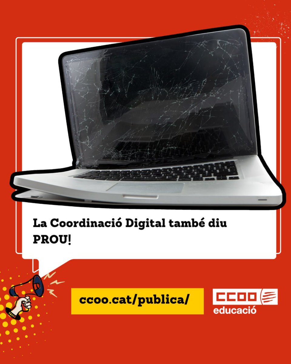 🗣 La Coordinació Digital també diu PROU!

❗️ Continuem alertant que la situació als centres educatius és insostenible

📢 Aquesta situació és conseqüència de la inacció del Departament

✊ Exigim un Pla de Digitalització de Centres (PDC)

🔗 ccoo.cat/educacio/notic…