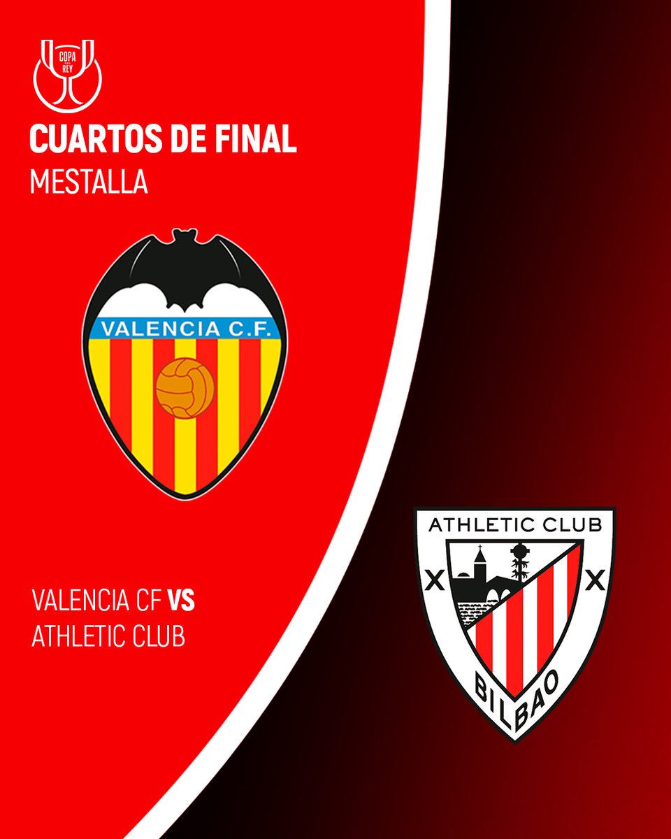 AthleticClub's tweet image. 🏆 ¡Ya tenemos rival de Copa para cuartos de final!

🆚 @valenciacf 
🏟️ Mestalla
🗓️ 3-4-5 de febrero

#ValenciaAthletic #AthleticClub 🦁