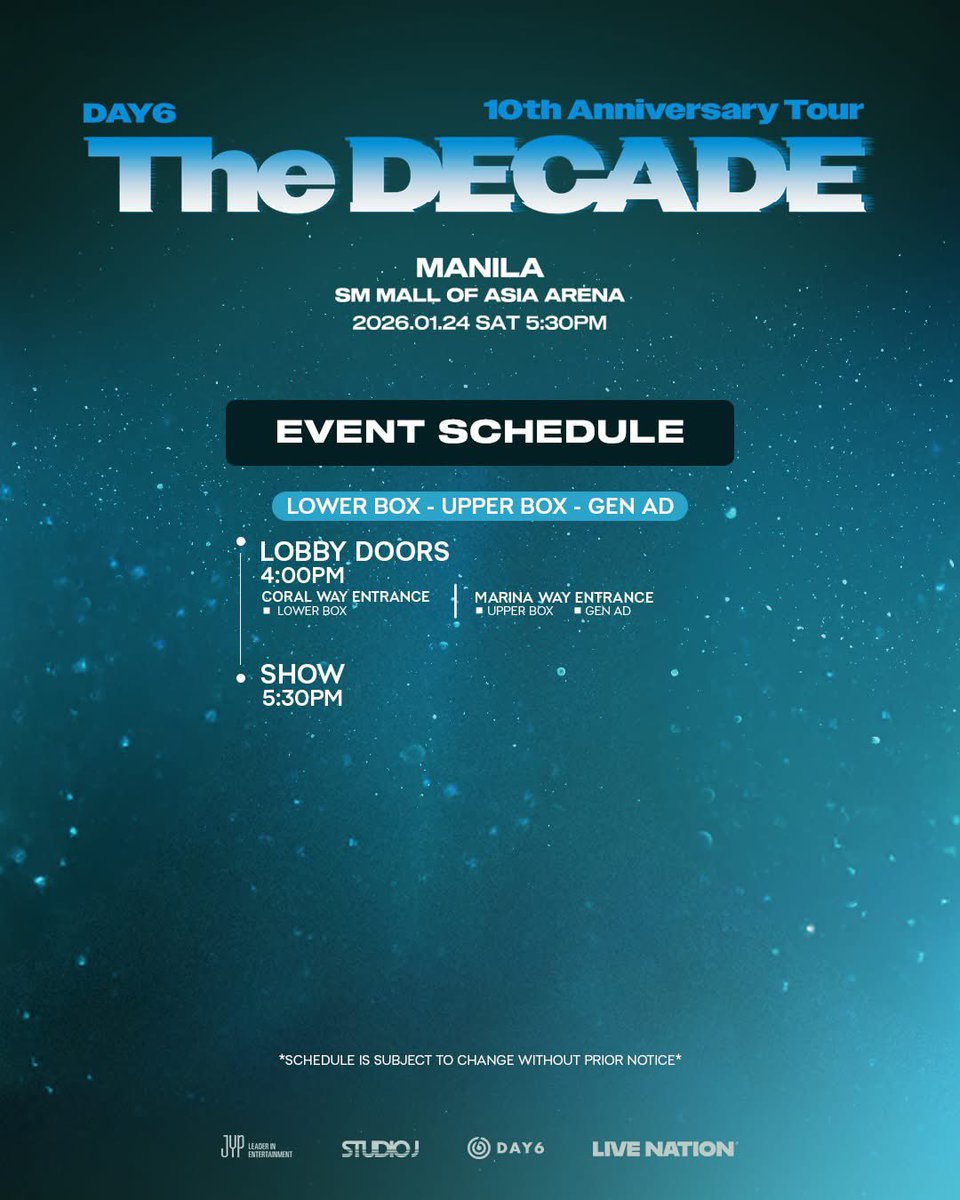 livenationph's tweet image. MyDay, check out the event schedule and venue map to plan your concert day accordingly 💚

📌 Floor Standing A &amp;amp; B (VIP) ticketholders, queuing link will be posted soon. 

#DAY6 #데이식스
#DAY6_10th_Anniversary_Tour
#The_DECADE